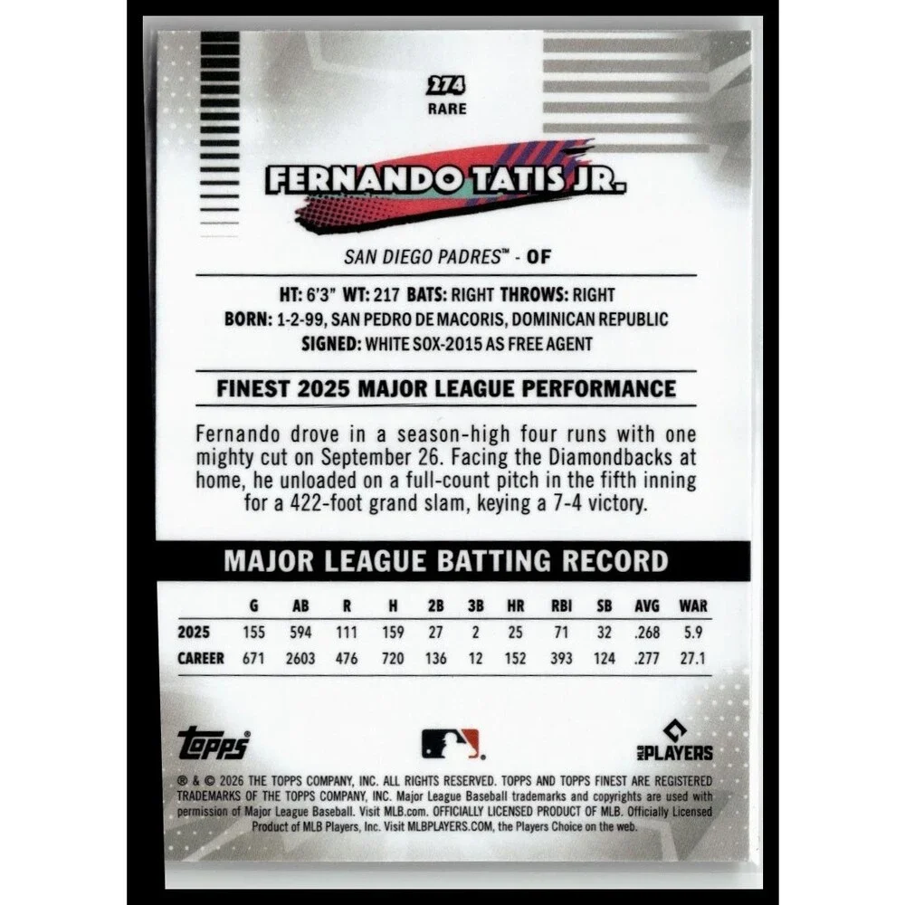 2026 Topps Finest Fernando Tatis Jr. 274 San Diego Padres Uncommon